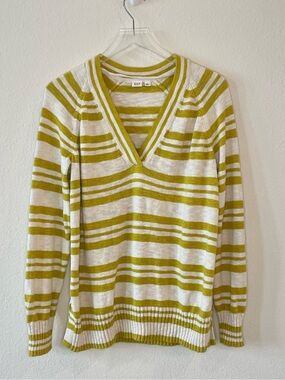 GAP Women's V-Neck Striped Sweater Green White
